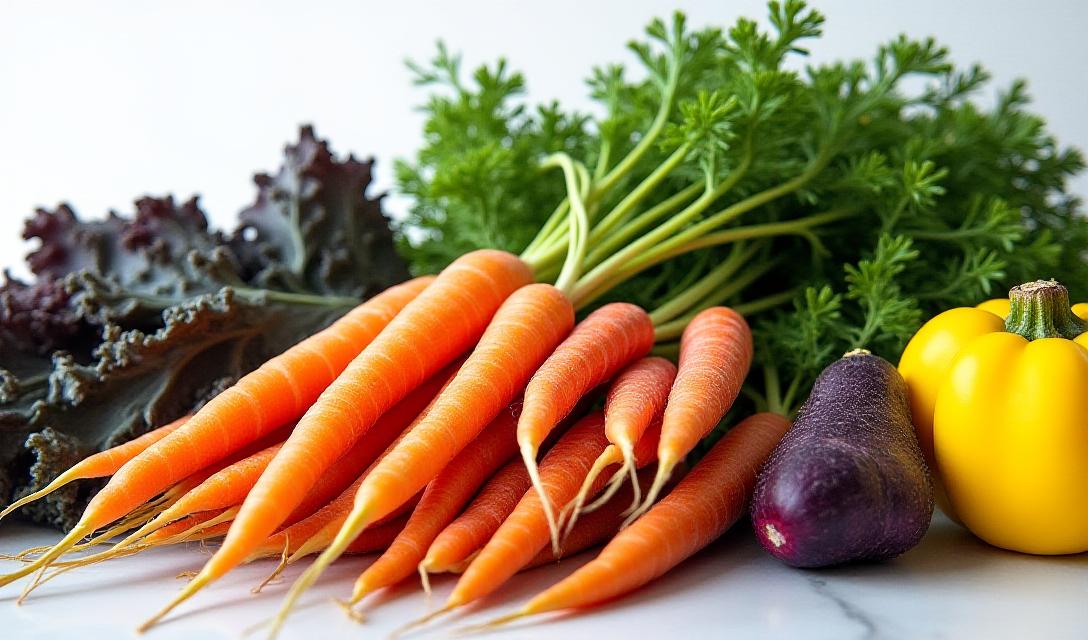 Vibrant display of colorful heirloom carrots, purple kale, and summer squash at The Golden Ratio Grocer