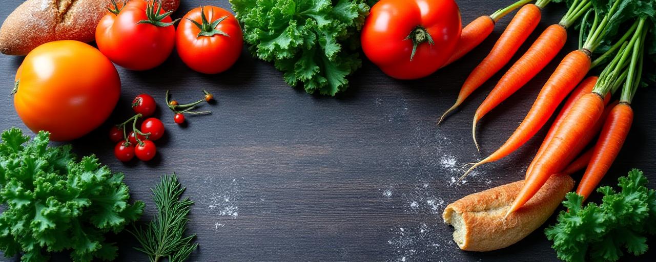 Artistic overhead shot of fresh organic vegetables arranged on a rustic table
