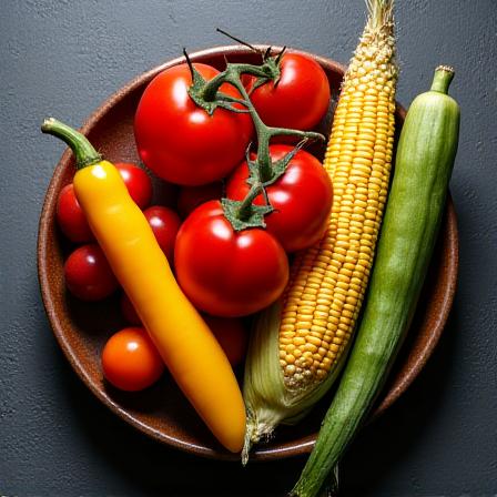 Artistically arranged summer vegetables on a stone countertop